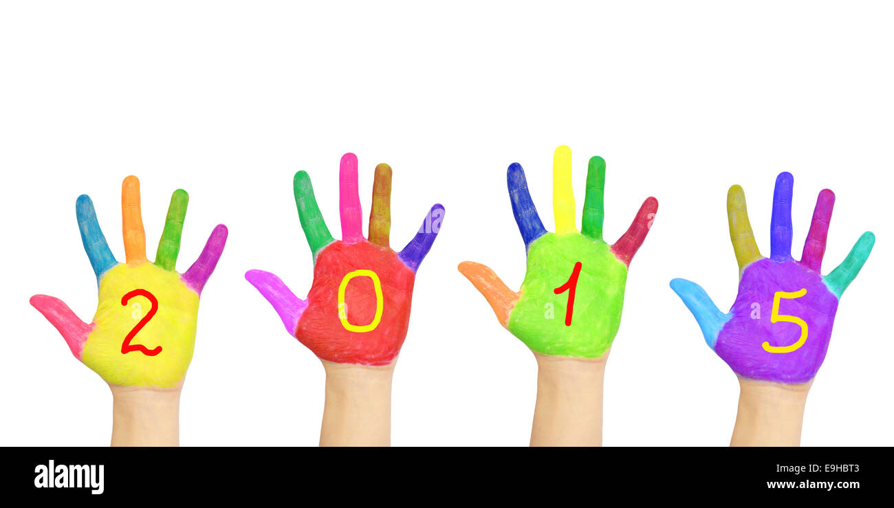 Kid`s colorful hands forming number 2015. Isolated on white background. The symbol of the new year Stock Photo